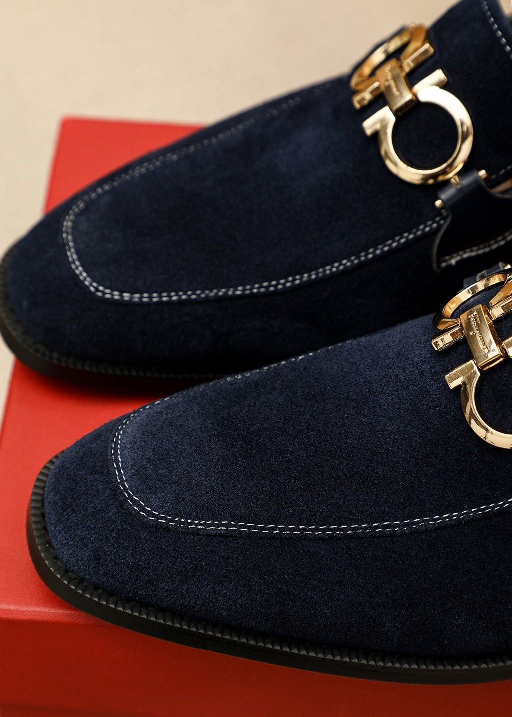 Ferragamo Navy Blue Hardware Loafers